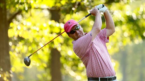 Tyler Crawford hitting his tee ball at the fourth hole during the second round of match play at the 2017 U.S. Mid-Amateur at Capital City Club in Atlanta, Ga. on Wednesday, Oct. 11, 2017. (Copyright USGA/Chris Keane)