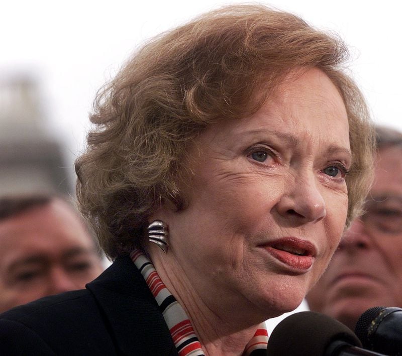 Photo by Rick McKay/Washington Bureau slug: COX-RCARTER-1130 WASHINGTON......Former First Lady Rosalynn Carter was on Capitol Hill Thursday lobbying congress for a 'parity' bill that would force insurance companies to cover mental illness the same way they do physical illness. The legislation was passed by the senate but not taken up in the house and is now in a conference committee, where it's fate will be decided within days. Carter joined a number of Senators at a press conference to urge passage of the legislation. (Photo by Rick McKay/Cox Washington Bureau)