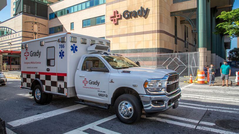 An ambulance leaves Grady Memorial Hospital in Atlanta. (Steve Schaefer / steve.schaefer@ajc.com)
