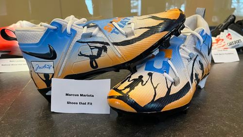 Falcons quarterback Marcus Mariota will wear these cleats on Sunday against Pittsburgh at Mercedes-Benz Stadium. It's part of the NFL's My Cause My Cleats campaign.
