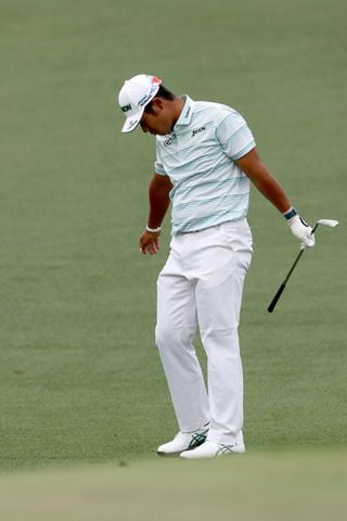 April 10, 2021, Augusta: Hideki Matsuyama reacts to his chip to the second hole during the third round of the Masters at Augusta National Golf Club on Saturday, April 10, 2021, in Augusta. Curtis Compton/ccompton@ajc.com