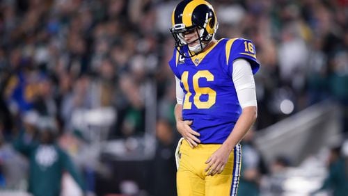 Dec 16, 2018; Los Angeles, CA, USA; Los Angeles Rams quarterback Jared Goff (16) reacts after throwing an interception during the second half against the Philadelphia Eagles at Los Angeles Memorial Coliseum. Mandatory Credit: Kelvin Kuo-USA TODAY Sports