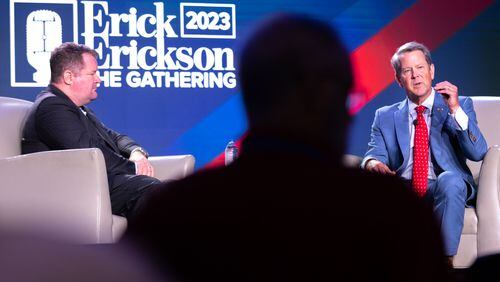 Gov. Brian Kemp, right, was among the first speakers at the Gathering, a conservative political conference in Buckhead that News 95.5 AM 750 WSB host Erick Erickson organized. Kemp has frequently warned that if Republicans want to win the presidency in 2024, they must focus on the future and not on Donald Trump's false claims about a stolen election in 2020. (Arvin Temkar / arvin.temkar@ajc.com)