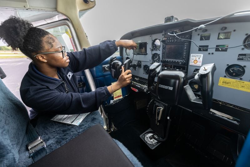 Aviation Career Enrichment Academy student pilot Kelsey Griffin, 15, performs her preflight checklist at Brown Field In Atlanta on Saturday, April 20, 2024. (Steve Schaefer / AJC)