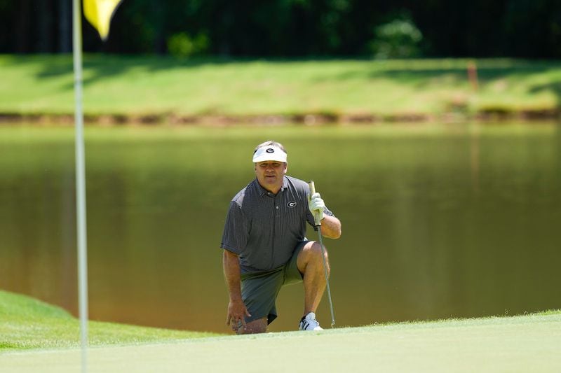 Georgia football coach Kirby Smart competes in the Peach Bowl charity golf tournament on Tuesday, May 3, 2022, in Greensboro, Ga. (Paul Abell/Abell Images)