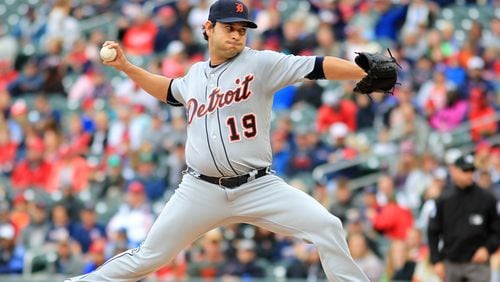 Anibal Sanchez pitching for the Tigers in 2017. On Friday, he faced Detroit in his second spring start for the Braves. (Photo by Andy King/Getty Images)