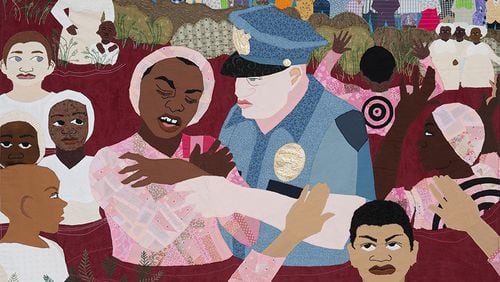 "Baptizing Our Children in a River of Blood," is one of the searing images in the racial justice quilts of Atlanta textile artist Dawn Williams Boyd. Body's show "Cloth Paintings," is now on view virtually at the Fort Gansevoort Gallery in New York City. Courtesy of Ron Witherspoon