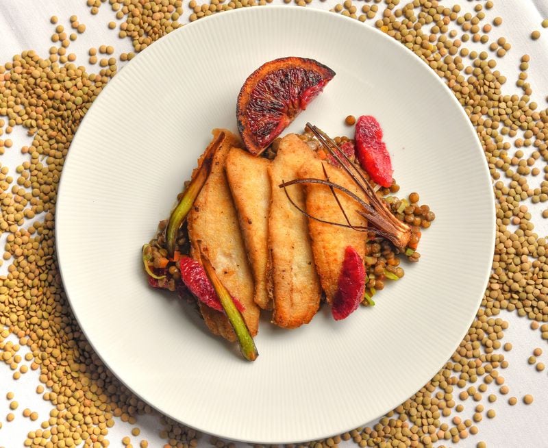 Lyla Lila's Crispy Flounder with Lentils, Leeks and Blood Orange is made with green lentils. Styling by chef Craig Richards / Chris Hunt for the AJC