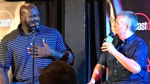 Shaquille O'Neal and John Kincade on the stage of the Punchlinne on Tuesday, April 11, 2017 for his Big Shaq podcast. CREDIT: Rodney Ho/rho@ajc.com
