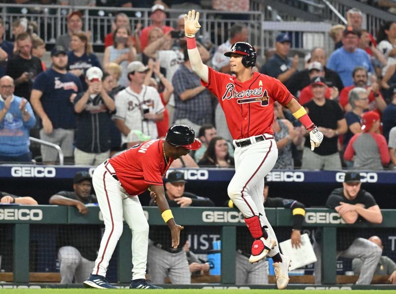 Braves' Vaughn Grissom (right) celebrates after hitting a two-run home run on September 2, 2022. (Hyosub Shin / Hyosub.Shin@ajc.com)