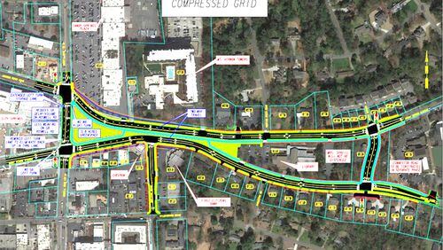 The crossroads of Johnson Ferry Road and Mount Vernon Highway in Sandy Springs are to be reconstructed as a “compressed grid,” with the two streets running parallel to each other but not intersecting. CITY OF SANDY SPRINGS