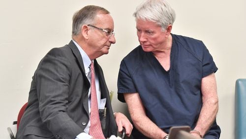 Claud “Tex” McIver confers with his attorney Cal Leipold (left) after the court set bond at for McIver at $200,000 on Thursday. HYOSUB SHIN / HSHIN@AJC.COM