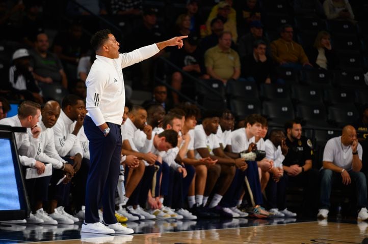 New Georgia Tech coach Damon Stoudamire directs his team during an 84-62 win  over Georgia Southern Monday night. (Jamie Spaar for the Atlanta Journal Constitution)