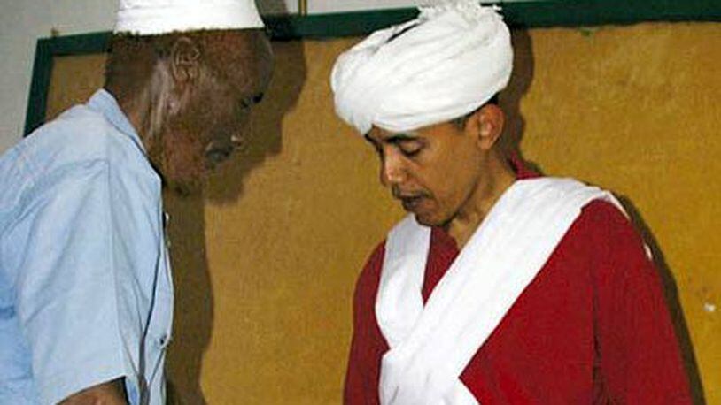 During a 2006 visit to Somalia, Barack Obama dons the costume of a Somali elder