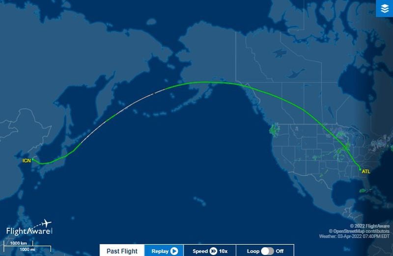 This image from FlightAware.com shows the flight path of a Delta flight from Atlanta to Seoul this month, avoiding Russian airspace. Source: FlightAware