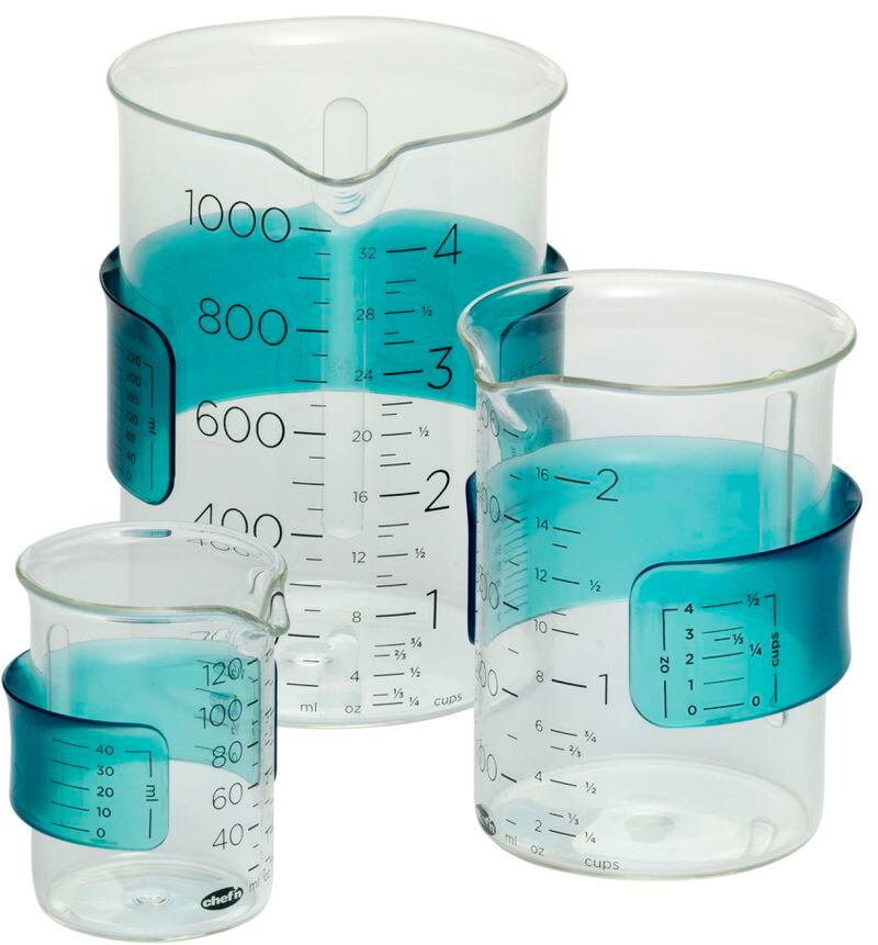 Beakers with sliding bands let cooks easily combine and measure several ingredients in the same beaker.