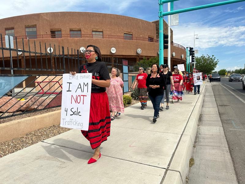 Kimberly Wahpepah, a human trafficking survivor and victims advocate, participates in a prayer walk during Missing and Murdered Indigenous Persons Awareness Day in Albuquerque, N.M., Sunday, May 5, 2024. Wahpepah said many victims and families feel invisible and lack the resources to pursue justice for their loved ones. (AP Photo/Susan Montoya Bryan)