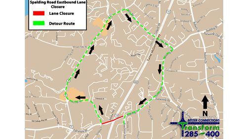 Map depicts the recommended construction detour when eastbound Spalding Drive is closed at Ga. 400. GEORGIA DEPARTMENT OF TRANSPORTATION