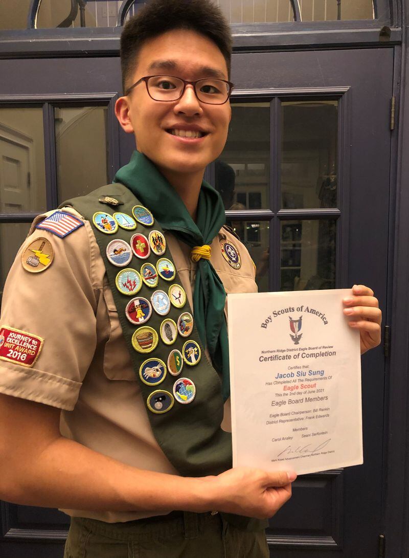 The Northern Ridge Boy Scout District (Cities of Roswell, Alpharetta, John’s Creek, Milton) is proud to announce its newest Eagle Scout,  who passed his Board of Review On June 2: Jacob Sung, of Troop 2000, sponsored by johns Creek Presbyterian Church, whose project was the restoration of the outdoor garden located at Medlock Bridge Elementary School.  Jacob cleared out the overgrown weeds, installed new gravel and replacing the existing garden boxes.