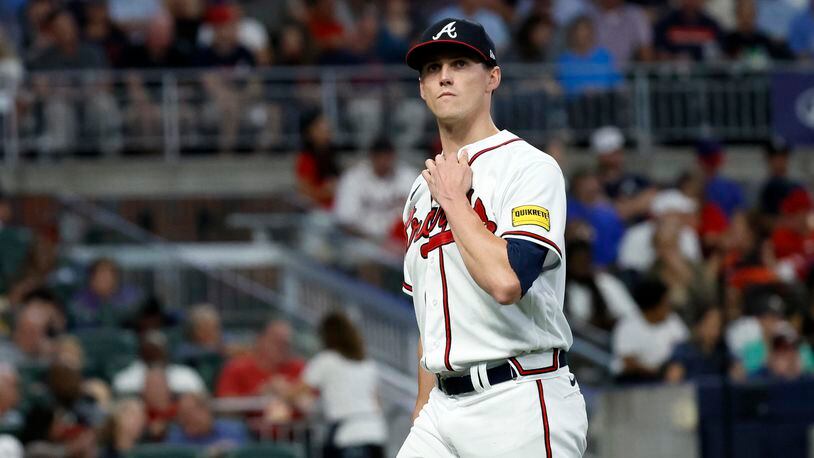 Braves starting pitcher Kyle Wright (30) walks towards the dugout after being removed during the fifth against the Philadelphia inning at Truist Park on Monday, Sept. 18, 2023, in Atlanta. Miguel Martinez / miguel.martinezjimenez@ajc.com 