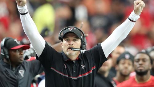 Falcons coach Dan Quinn reacts to a defensive play against the Buccaneers during the first quarter on Sunday, Sept. 11, 2016, in Atlanta. (Curtis Compton/ccompton@ajc.com)