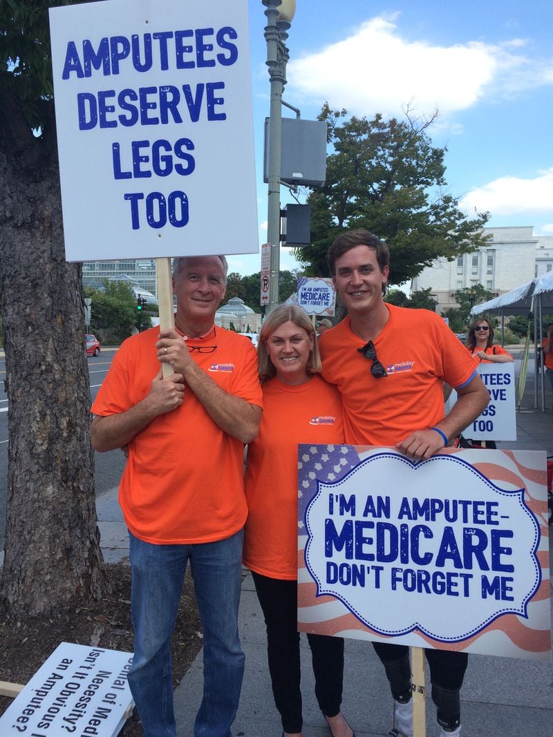 Atlanta's Jordan Thomas (right) went to Washington this week with his parents, Dr. Vic Thomas and Dr. Lizbeth Kennedy Thomas, to protest a proposed Medicare change for prosthetics.
