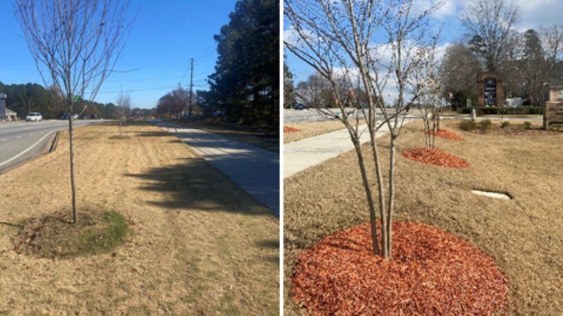 The Lilburn Community Improvement District recently engaged with Russell Landscape Group to provide fresh mulch to spruce up the trees and sidewalks near the Lilburn Police Department. (Courtesy Lilburn CID)