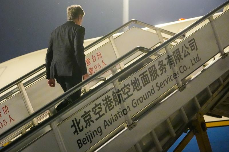 U.S. Secretary of State Antony Blinken boards his plane as he prepares to return to the U.S. following a visit to China, Friday, April 26, 2024, at Beijing Capital International Airport in Beijing, China. (AP Photo/Mark Schiefelbein, Pool)