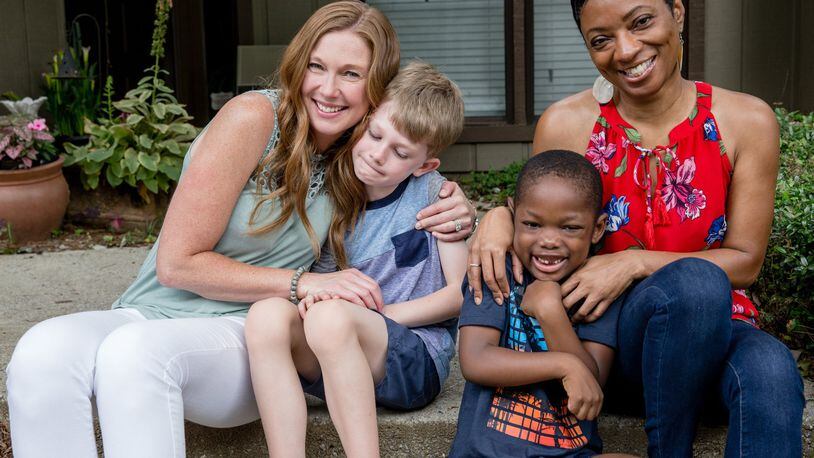 Alison Thomas, left, and her son 6-year-old Grayson Thomas talk with each other and their friends 5-year-old Cade Crockwell and his mother Monica Langley on Tuesday, June 9, 2020. (Jenni Girtman for The Atlanta Journal-Constitution)