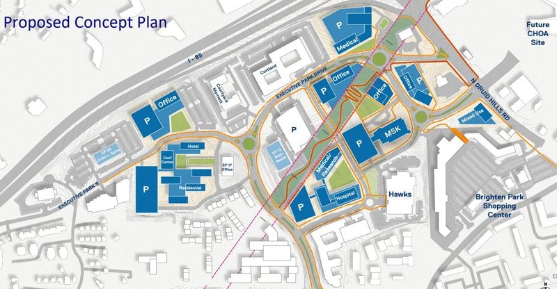 An initial design plan for Emory’s new complex in Executive Park. The musculoskeletal facility can be seen labeled with the initials MSK. (Photo: Courtesy of Emory University)
