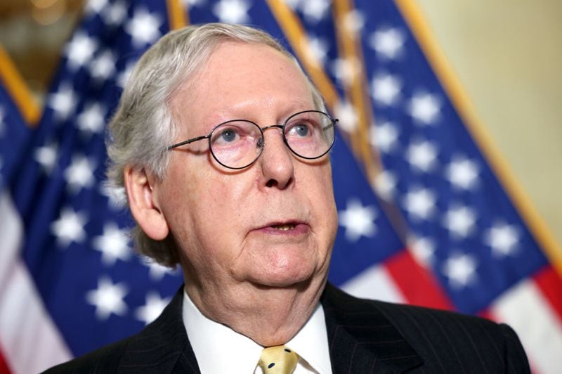 Senate Minority Leader Mitch McConnell, R-Ky., speaks following a Senate Republican Policy luncheon at the Russell Senate Office Building on May 18, 2021 in Washington, DC. (Photo by Kevin Dietsch/Getty Images/TNS)