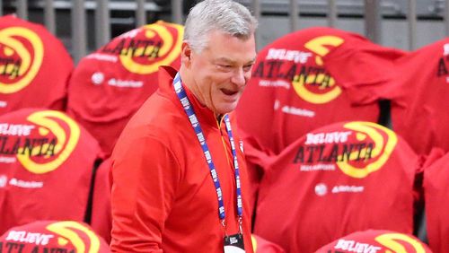 Atlanta Hawks owner Tony Ressler is all smiles taking in the scene at State Farm Arena while his team prepares to play the Philadelphia 76ers in Game 3 of their NBA Eastern Conference semifinals series on Friday, June 11, 2021, in Atlanta. Curtis Compton / Curtis.Compton@ajc.com