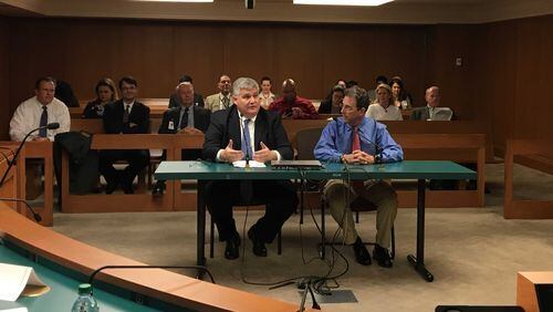 Sen. David Shafer, R-Duluth, and consumer expert Clark Howard testified in support of Senate Bill 376 during a hearing of the Senate Banking and Financial Institutions Committee in February 2018. Photo: Georgia Senate Press Office