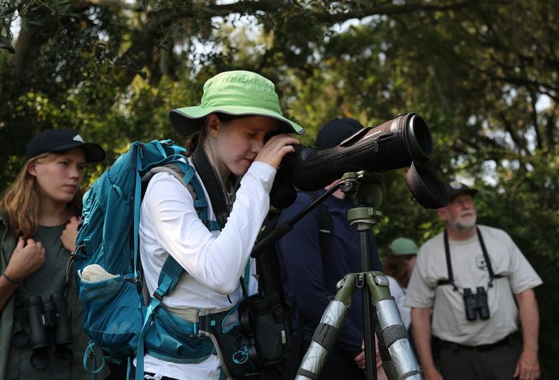 Camp TALON intern Sophie Cox looks through a scope to get a better view of nesting waterfowl during a visit to Harris Neck Wildlife Refuge on Tuesday, June 6, 2023. Cox is studying biology at Duke University looking to work in fields like conservation, wildlife ecology.