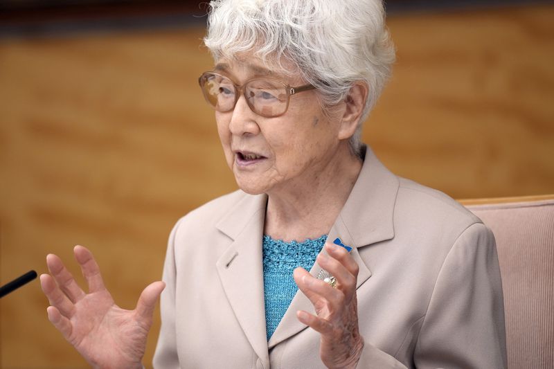 Sakie Yokota, mother of Megumi Yokota, one of the Japanese abductees by North Korea, speaks to U.S. Ambassador to United Nations Linda Thomas-Greenfield, not in picture, on Thursday, April 18, 2024, at prime minister's office in Tokyo. (AP Photo/Eugene Hoshiko, Pool)