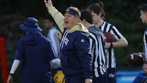 Georgia Tech offensive coordinator Buster Faulkner shouts instructions during spring practice at Alexander Rose Bowl field on Monday, March 13, 2023.
Miguel Martinez /miguel.martinezjimenez@ajc.com