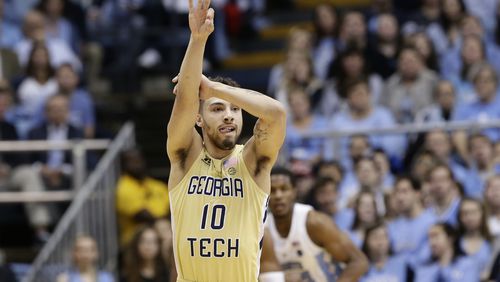 Georgia Tech's Jose Alvarado (10) reacts following a basket against North Carolina during the first half of an NCAA college basketball game in Chapel Hill, N.C., Saturday, Jan. 20, 2018. (AP Photo/Gerry Broome)