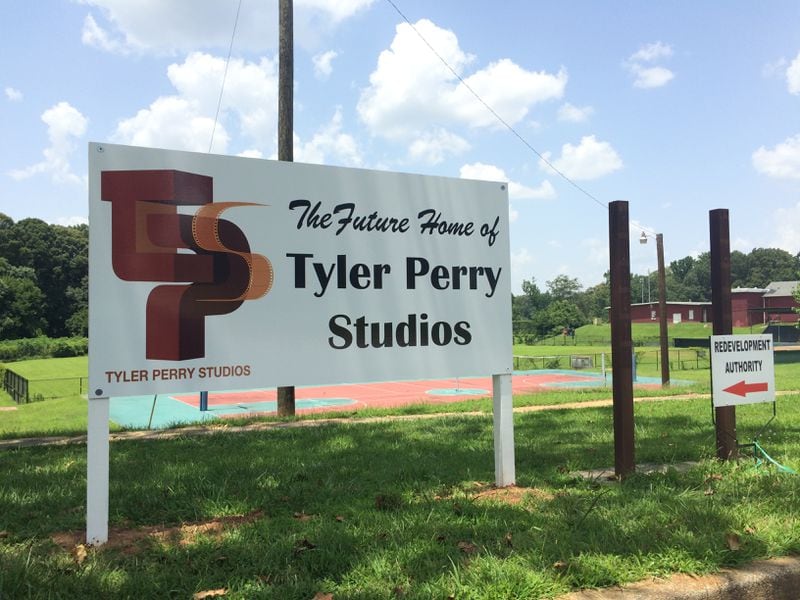 A sign marking the site of the future Tyler Perry Studios facility at Fort McPherson. Perry closed on a deal in 2015 with a civilian agency and the Army that will lead to him controlling 330 acres on the site. Documents obtained by the AJC show he has plans for a museum and amphitheater. J. Scott Trubey/STAFF strubey@ajc.com.