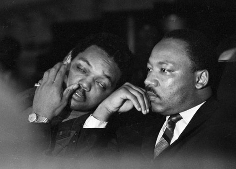 Dr. Martin Luther King, Jr. is seen here with Rev. Jesse Jackson, left, just prior to his final public appearance to address striking Memphis sanitation workers on April 4, 1968. King was assassinated later that day outside his motel room.