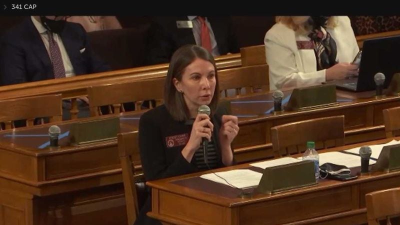Georgia state Rep. Stacey Evans, D-Atlanta, discusses legislation she's introduced aimed at improving college affordability and access for students during the House of Representatives Higher Education Committee on Feb. 19, 2021. (Georgia House of Representatives via Zoom)