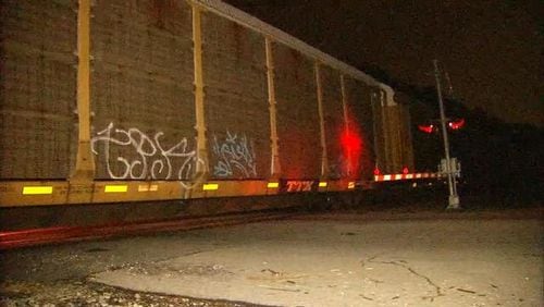 A train blocked a Gwinnett County road for hours Saturday night. (Credit: Channel 2 Action News)