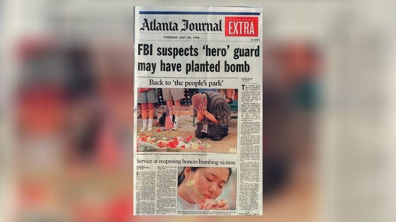 This front page of The Atlanta Journal from July 30, 1996, was accurate yet infamous. But more than a week later there was another front-page story by a different reporter for this same newspaper that turned the Olympic Park bombing case against Richard Jewell upside down.