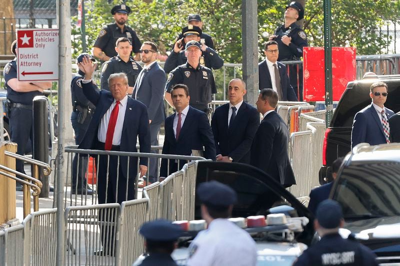 Former President Donald Trump arrives at Manhattan criminal court with his legal team, Monday, April 15, 2024, in New York. The hush money trial of former President Donald Trump begins Monday with jury selection. It's a singular moment for American history as the first criminal trial of a former U.S. commander in chief. (AP Photo/Stefan Jeremiah)