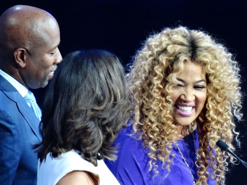 Kym Whitley (right) goofs around with Kenny and Gwendolyn Smith before presenting best nail salon. CREDIT: Rodney Ho/ rho@ajc.com
