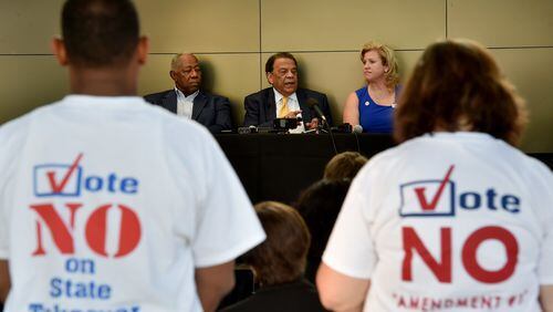 October 18, 2016 Atlanta: Civil Rights icon and former mayor Andrew Young, center, held a press conference with MLB legend Hank Aaron, and Georgia PTA President Lisa-Marie Haygood to encourage a “no” vote on the constitutional amendment to let the state take control of failing schools. The amendment failed in November. BRANT SANDERLIN/BSANDERLIN@AJC.COM