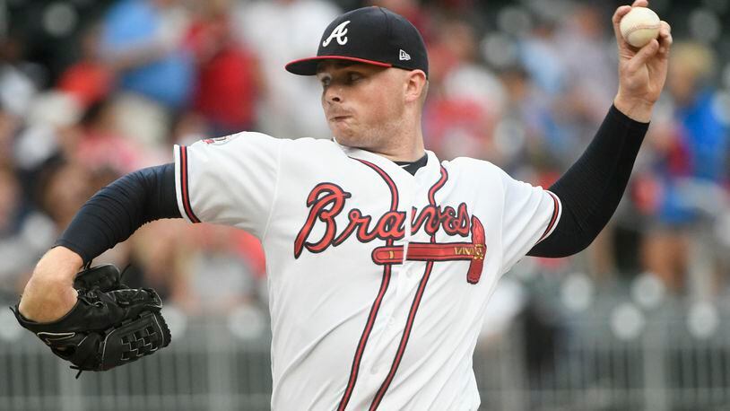 The Braves’ Sean Newcomb pitches against the Philadelphia Phillies. (AP Photo/John Amis)