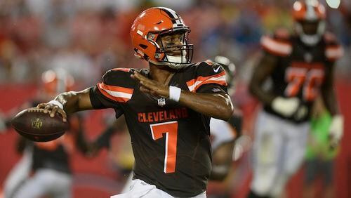 In this Saturday, Aug. 26, 2017 file photo, Cleveland Browns quarterback DeShone Kizer (7) throws against the Tampa Bay Buccaneers during the second quarter of an NFL preseason football game in Tampa, Fla. AFC North revolves around QB longevity, except in Cleveland. And then there's Cleveland, where each new season brings a new quarterback and another lesson in why it's so important to have a proven quarterback. Rookie DeShone Kizer becomes QB No. 27 since they returned as an expansion team in 1999. (AP Photo/Jason Behnken, File)