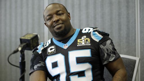 FILE - In this Feb. 7, 2015, file photo, Carolina Panthers defensive end Charles Johnson (95) is shown during a press conference in San Jose, Calif. The Carolina Panthers released longtime defensive end Charles Johnson on Thursday, a move that will save the team $11 million under the 2016 NFL salary cap. (AP Photo/Marcio Jose Sanchez, File)