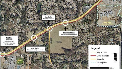Construction is under way of the Hardscrabble Green Loop, a $5.8 million project to add trails, sidewalks and bicycle lanes to Hardscrabble Road on the north side of Roswell. CITY OF ROSWELL