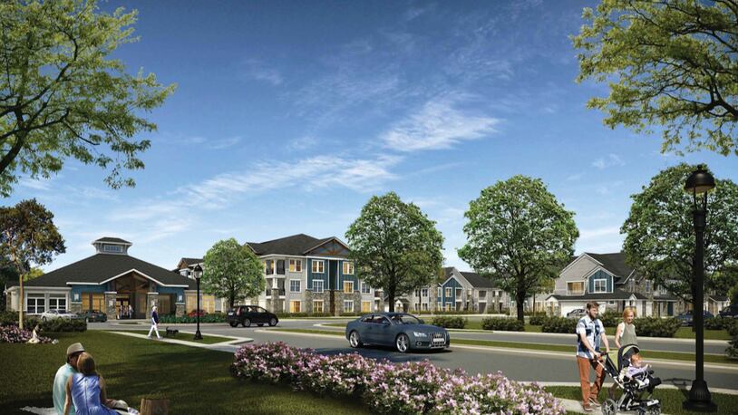 Rendering of 298 apartments and townhomes slated for the 123-acre mixed-use development Village Square at Newnan Crossing in Coweta County.